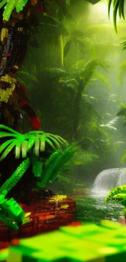 Vibrant LEGO jungle with lush greens and a waterfall in a tropical scene.