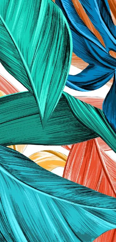 Vibrant abstract wallpaper featuring tropical leaves in teal and orange hues.