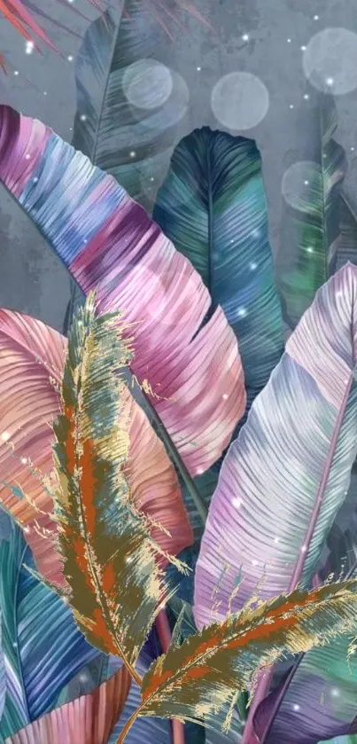 Vibrant tropical leaf pattern mobile wallpaper with multicolored foliage.