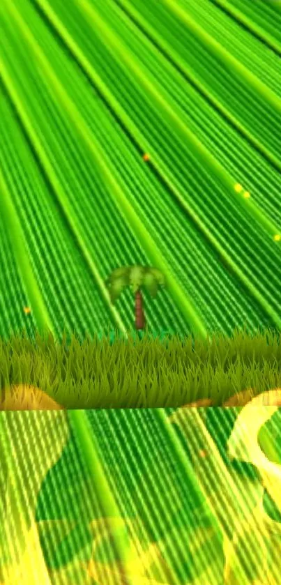 Green tropical leaf wallpaper with palm tree island design.