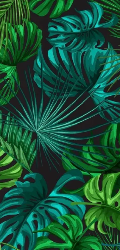 Vibrant tropical leaf wallpaper with green foliage on a dark background.