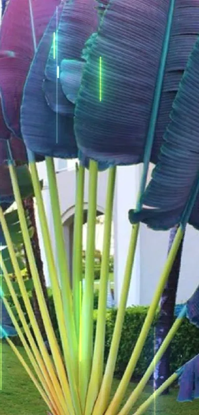 Colorful tropical leaves with purple and green hues.