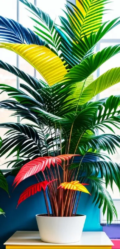 Vibrant tropical leaves in colorful decor and modern setting.