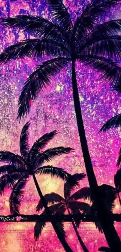 Tropical night sky with palm trees silhouetted against vibrant hues of pink and purple.