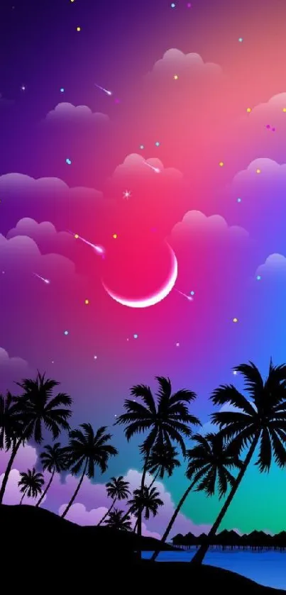 Vibrant tropical night sky with palm trees and colorful clouds.