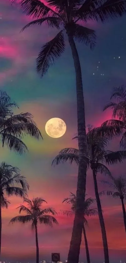 Vibrant tropical night sky with silhouetted palm trees and full moon.