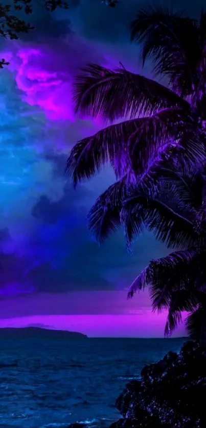 Purple and blue tropical nightscape with palm silhouette.