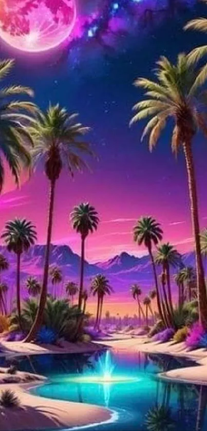 Colorful tropical landscape with pink moon and palm trees.