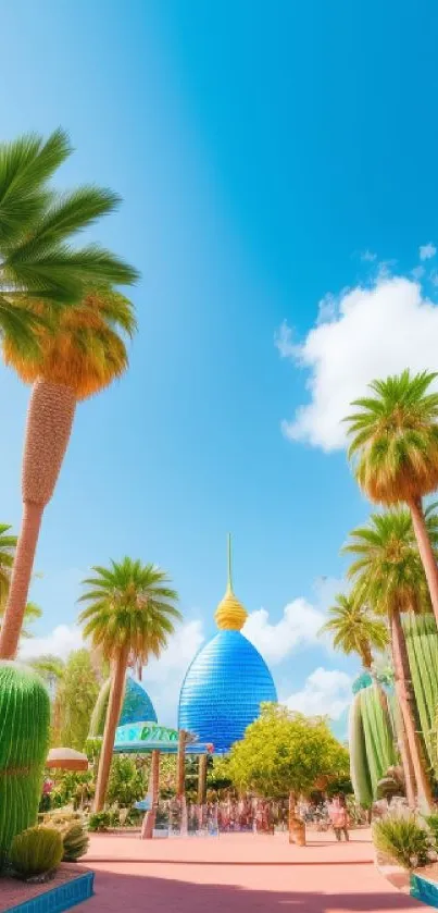 Vibrant tropical oasis with palm trees and blue sky for mobile wallpaper.
