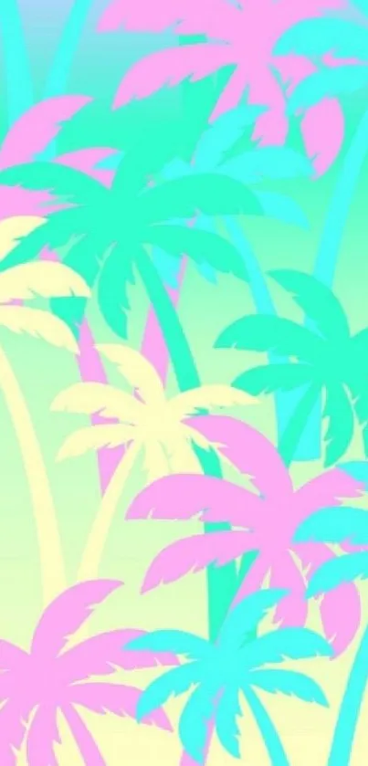 Colorful pastel palm leaves on a green background.