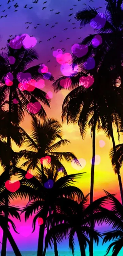 Colorful tropical sunset with palm tree silhouettes.