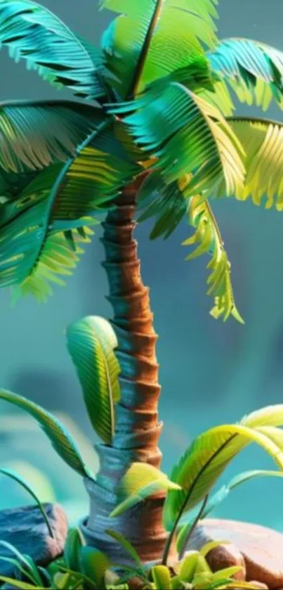Artistic tropical palm tree with vibrant green leaves.