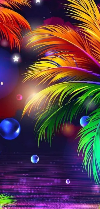 Colorful palm leaves with a vibrant and abstract background.