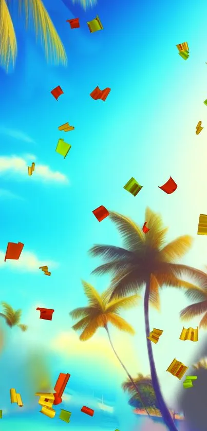 Vibrant tropical scene with palm trees and colorful confetti under a bright sky.