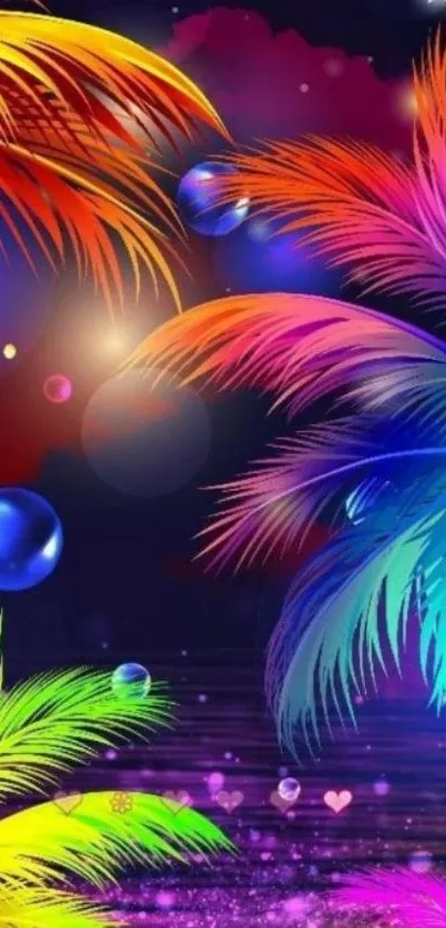 Vibrant tropical palm leaves with colorful hues and a dreamy night background.