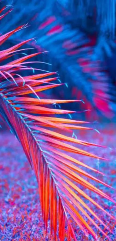 Vibrant neon-colored tropical palm leaf wallpaper.