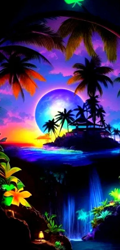 Tropical paradise at night with moonlit palms and waterfall.