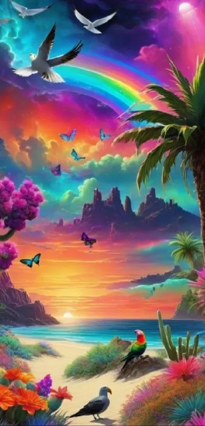 Vibrant tropical paradise with rainbow, palm trees, and exotic birds.