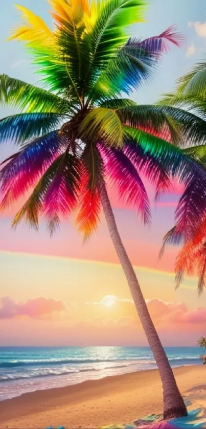 Tropical beach wallpaper with a colorful palm tree at sunset.
