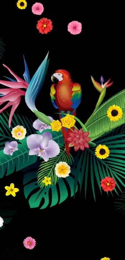 Vibrant tropical parrot and flowers on dark background.