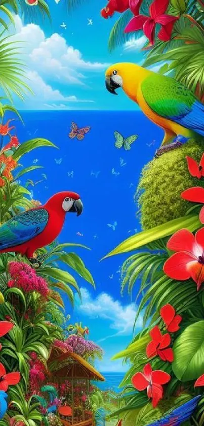 Colorful tropical wallpaper with parrots in a vibrant jungle setting.