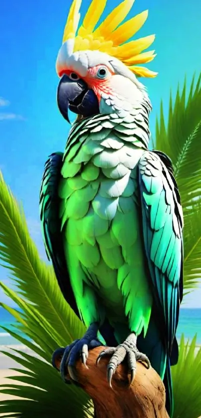 Vibrant parrot perched in tropical foliage by a beautiful beach.