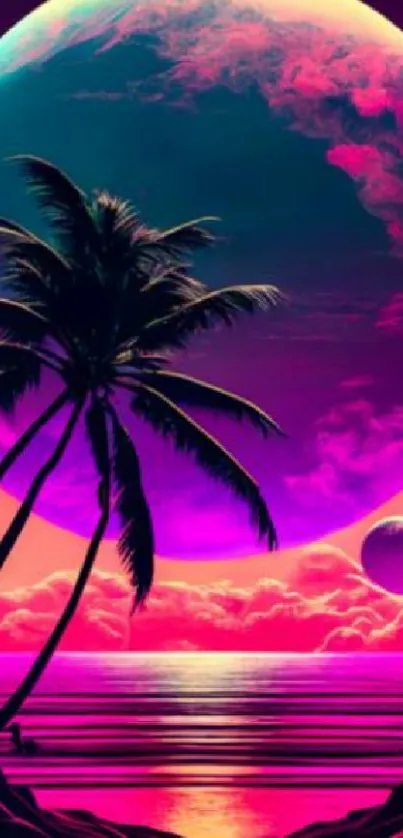 Surreal tropical scene with palms and a purple planet at neon sunset.