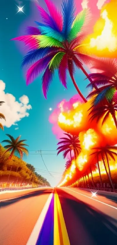 Colorful road and vibrant palm trees under a dramatic sky.