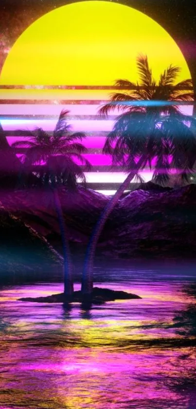 Vibrant tropical sunset with neon colors and palm trees reflected in water.