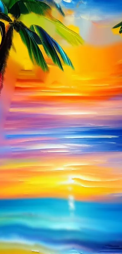 Vibrant tropical sunset with palm trees and colorful hues of orange and blue.