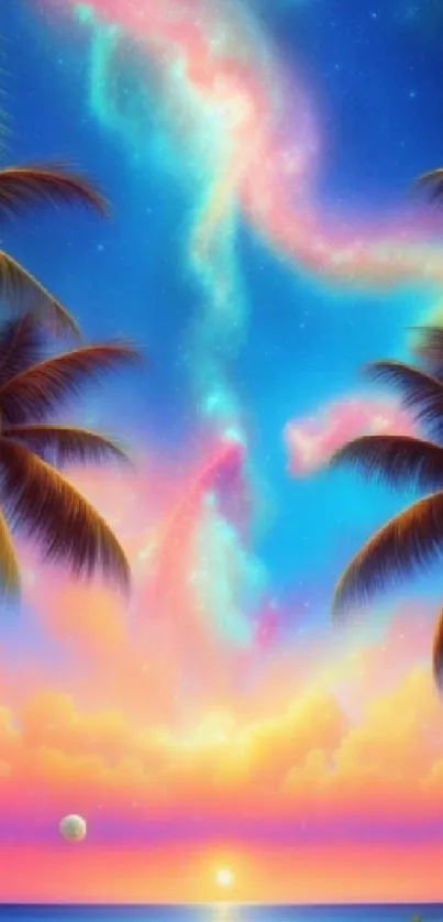 Vibrant tropical sunset with palm trees and galaxy sky in vivid colors.