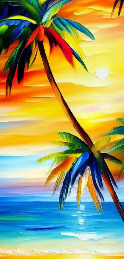 Colorful tropical sunset with palm trees on a vibrant beach.