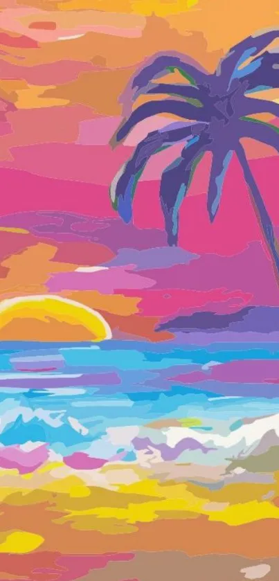 Colorful tropical sunset wallpaper with palm tree silhouette.