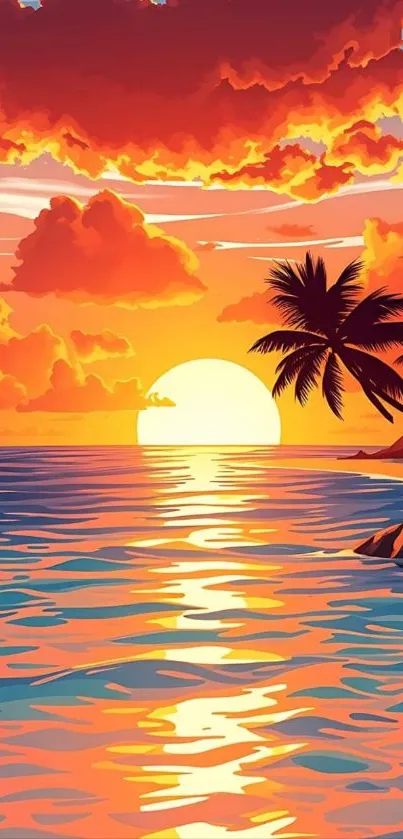 Tropical sunset with palm trees and ocean waves in vibrant colors.