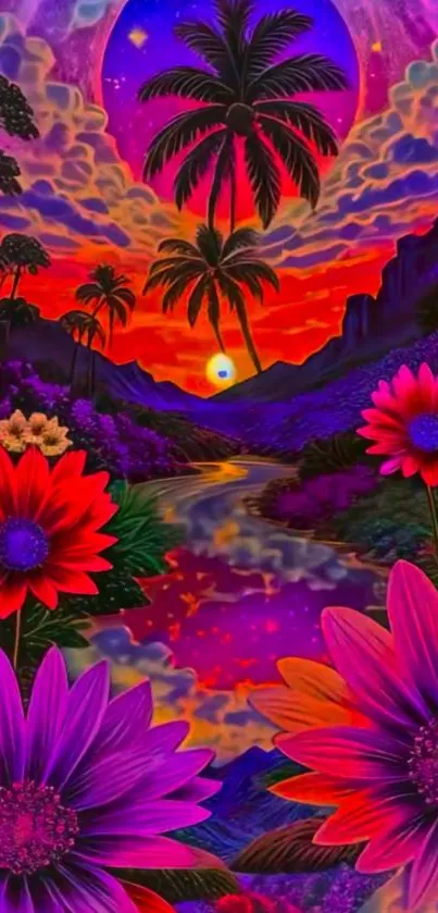 Vibrant tropical sunset with palm trees and flowers.
