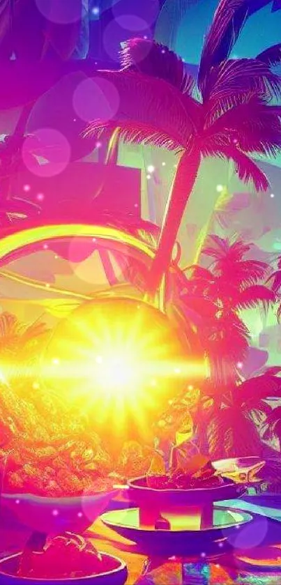 Vibrant tropical sunset with palm trees and radiant sunburst.