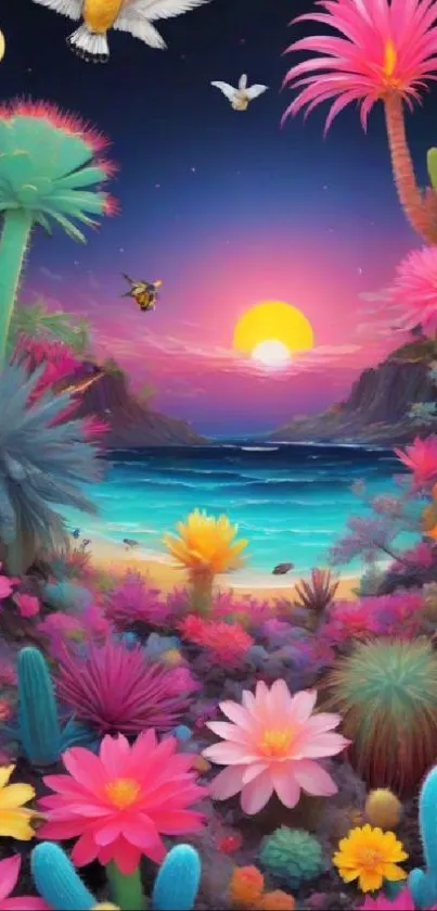 Vibrant tropical sunset with colorful flowers and ocean waves.