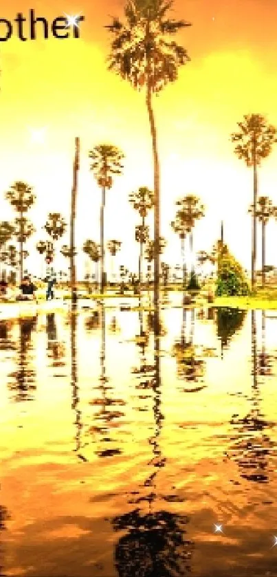 Tropical sunset over a calm, reflective lake with palm trees.