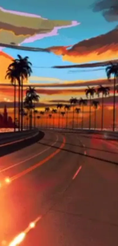 Vibrant sunset road with palm trees against a colorful sky.