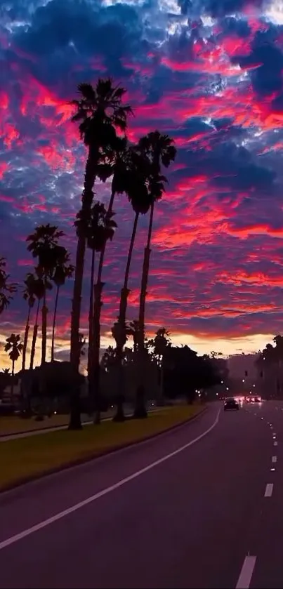 Vibrant sunset sky over palm-lined road.