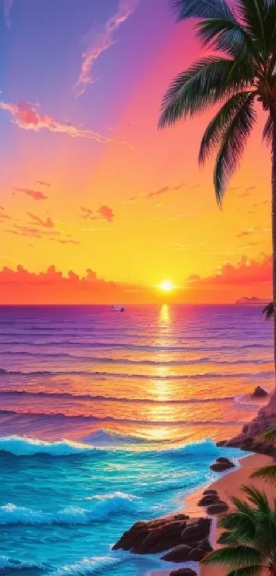 Vibrant tropical sunset with palm trees over ocean waves in a colorful sky.