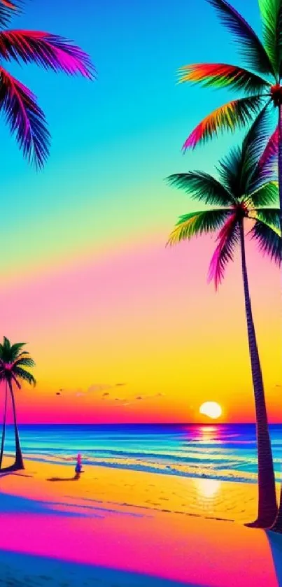 Bright tropical sunset with colorful palm trees and ocean view.