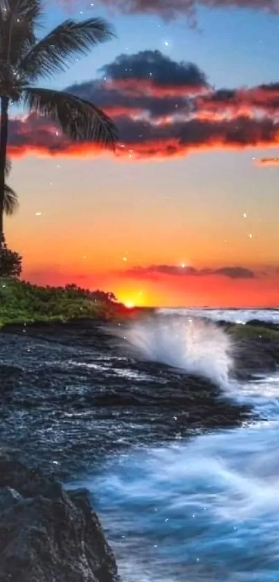 Tropical sunset with palm trees and ocean waves.