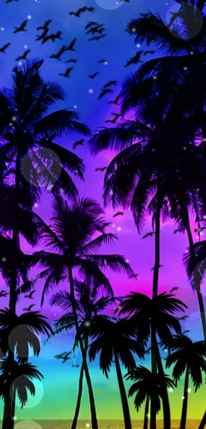 Tropical sunset with silhouetted palms and a vibrant, colorful sky.