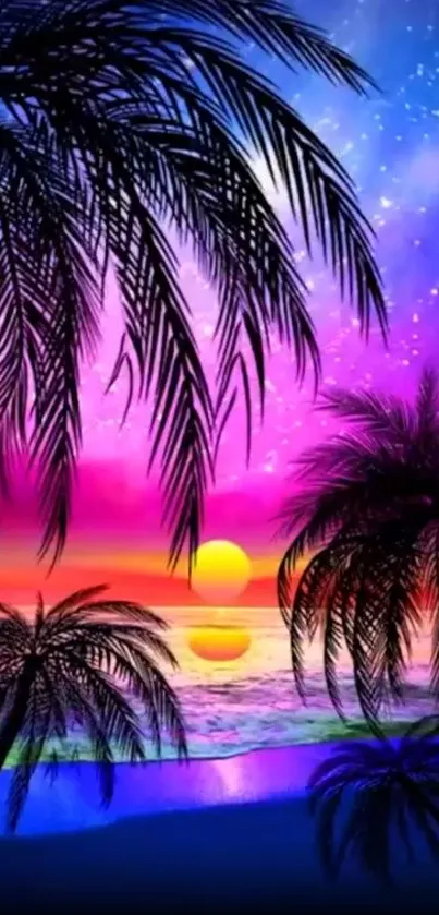 Tropical sunset with palm silhouettes and vibrant sky.