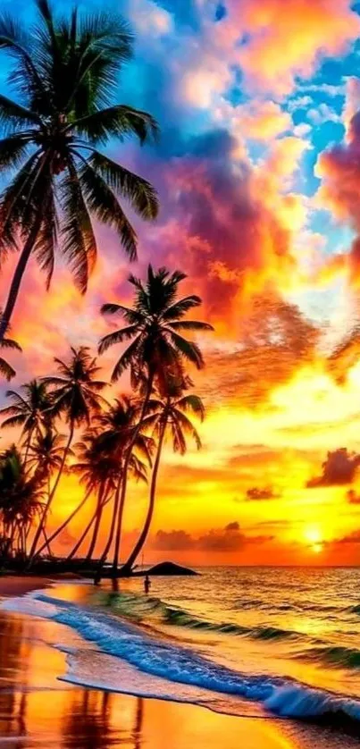 Colorful tropical sunset with palm trees and ocean.