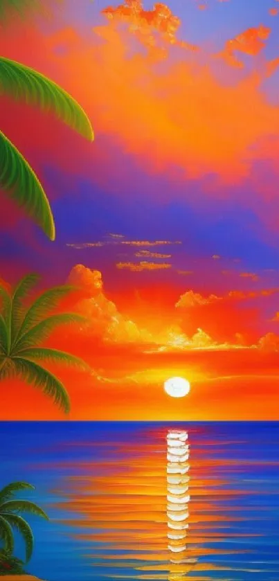 A vibrant tropical sunset with palm trees and an orange sky over the ocean.