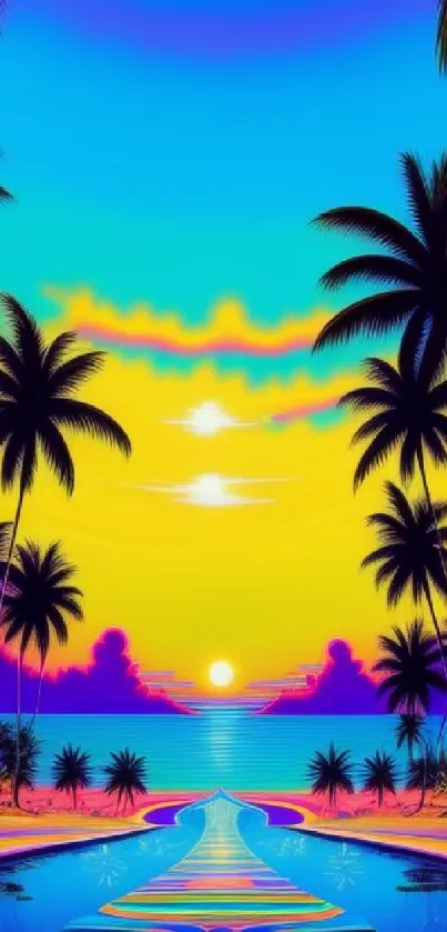 Tropical sunset with vibrant colors, palm trees, and ocean view.