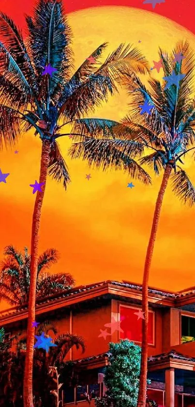 Tropical sunset with palm trees and house in vibrant colors.