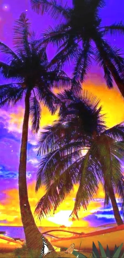 Tropical sunset with purple sky and palm silhouettes.